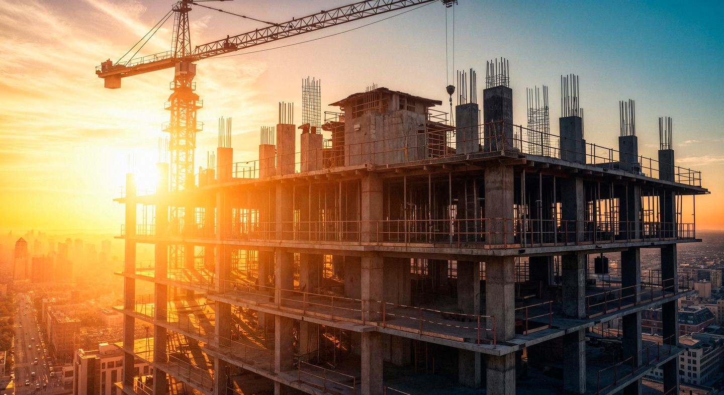 A high-rise under construction at sunset, with a tower crane above the top floor